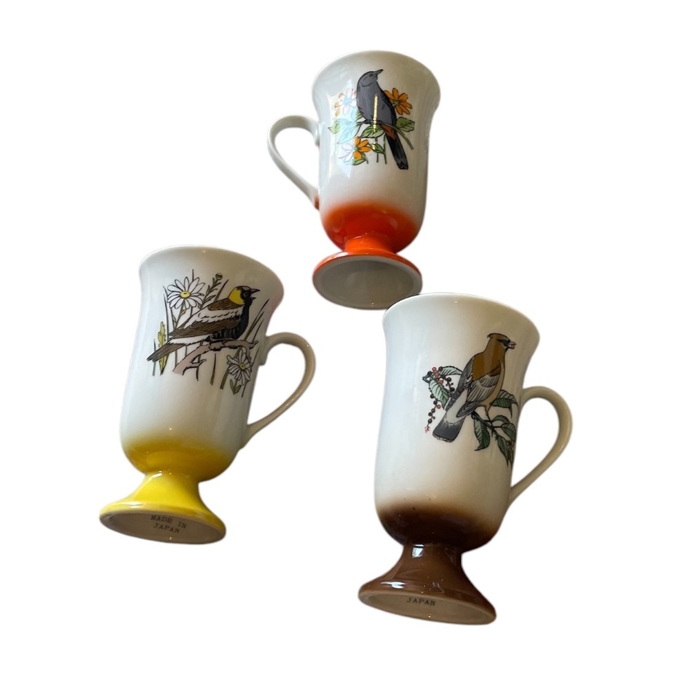 Set Of 3 Vintage 1960’s Fred Roberts SONG BIRDS Irish Coffee Pedestal Mugs
